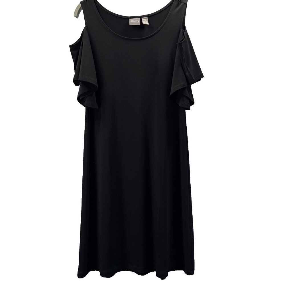 Chicos Dress Small Solid Black Cold Shoulder Short Flutter Sleeve Whimsigoth‎